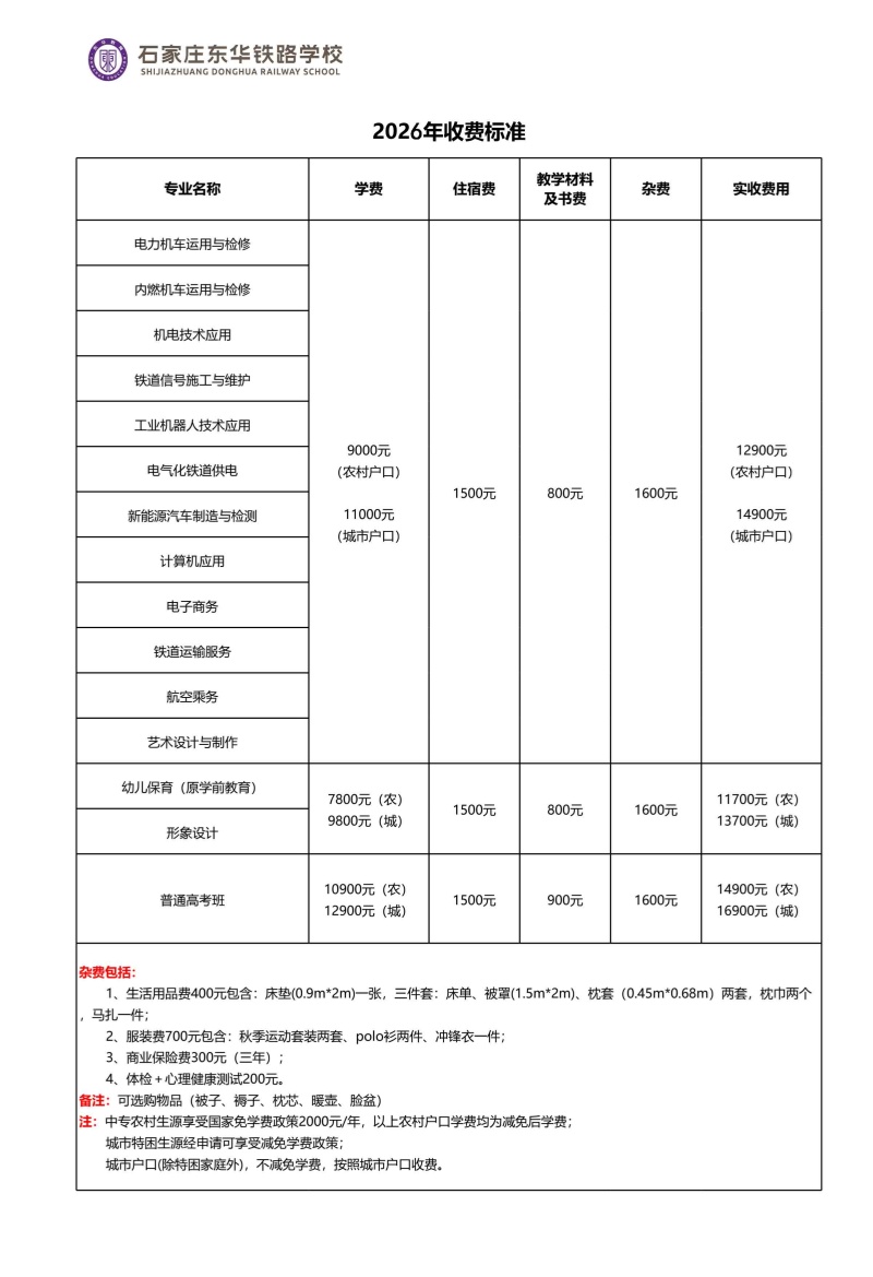 石家莊東華鐵路學(xué)校2026年秋季招生學(xué)費多少錢？有資助政策嗎？